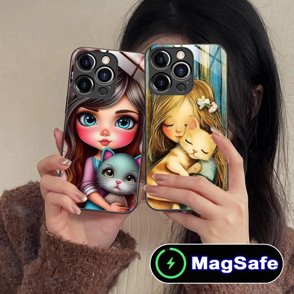 

Чехол для телефона Girl Cat Kitten Art для iPhone 16, 15, 14, 13, 12, 11 Pro Max Plus Mini MagSafe, защитное стекло, красивый защитный смартфон