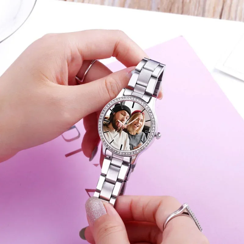 A3319 맞춤형 사진 시계 자신의 사진으로 인쇄 여성 럭셔리 손목 시계 라인스톤 다이아몬드 장식 여자친구 선물