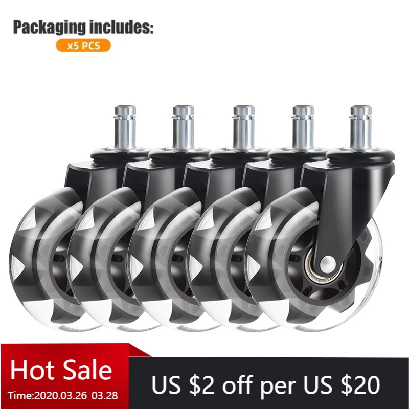 

5 Pcs 3 Inch PU Swivel Casters For Office/gaming Chairs/funiture- Silent Wheels With Stem Insert (11x22mm)