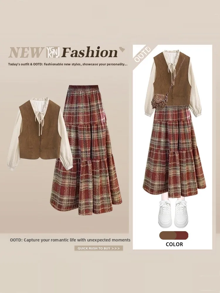 

Women's Preppy Style Plaid Set Vest Shirt Half Skirt Three Piece Autumn Winter Fashion Small Size Clothing Ensemble