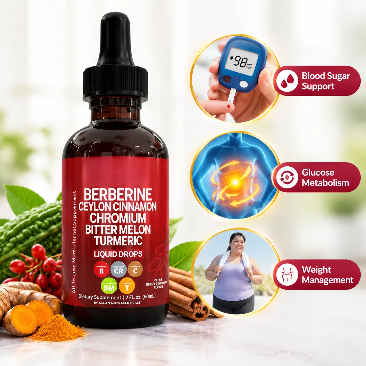 Berberine Drops Blood Sugar Support Glucose Metabolism Weight Management Appetite Control Ceylon Cinnamon Chromium Turmeric 60ml