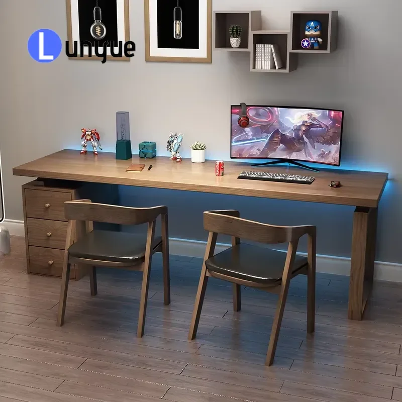 Modern Double Solid Wood Computer Desk with Bookcase All-in-One Study Work Table Long Writing Desk for Home Office
