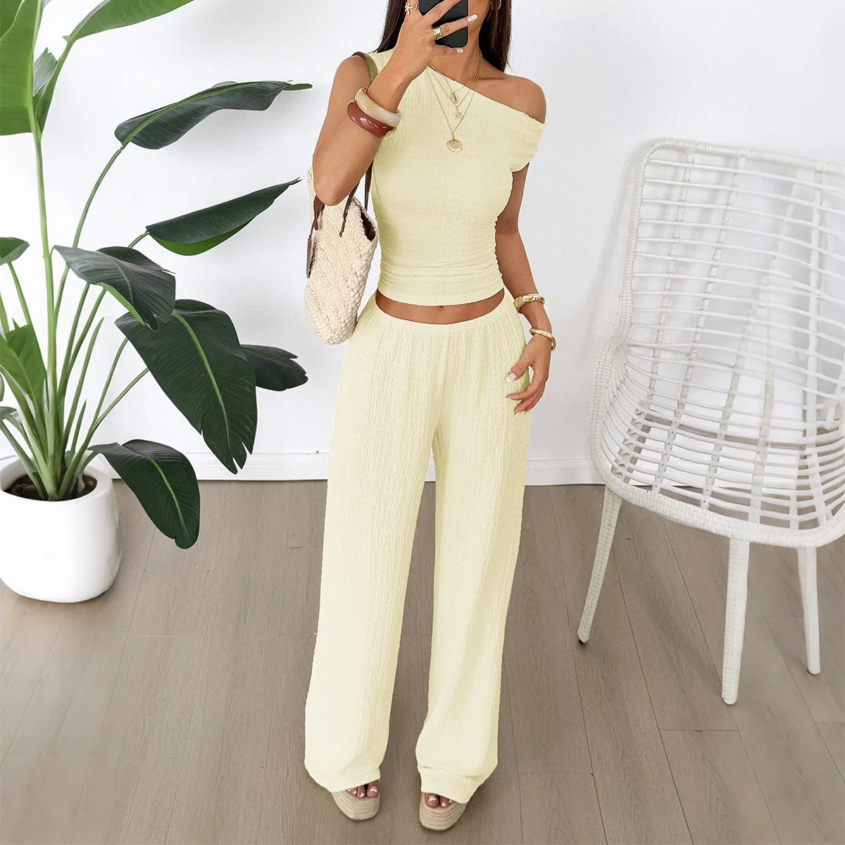 

Solid Color Slanted Collar Waist Slimming Top and High Waist Wide Leg Pants Set for Summer Women's Solid Color 2-Piece Set