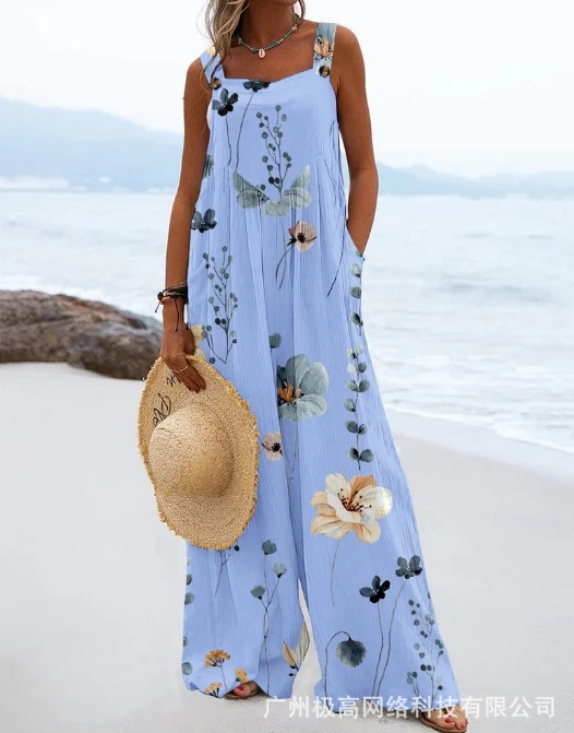 Plant Print Pattern Square Neck Suspender with Waist Cinching Loose Wide Leg Jumpsuit New Women's Fashionable Casual Summer Wear