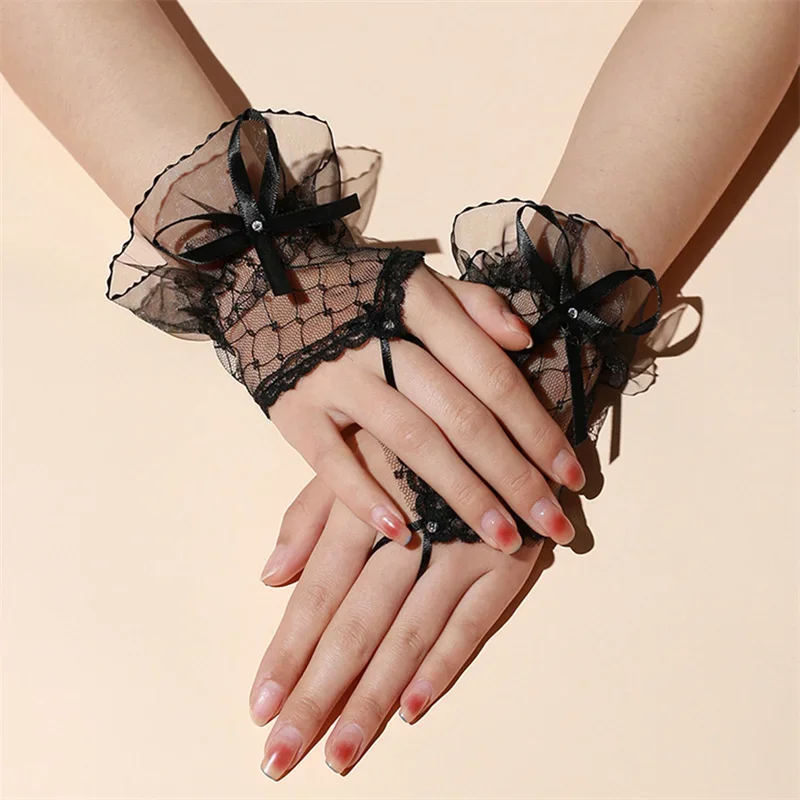 Gothic Kurze Schwarze Handschuhe für Damen, Harajuku Spitze, Braut-Hochzeits-Halloween-Kostüm, Netz-Schleife Handärmel