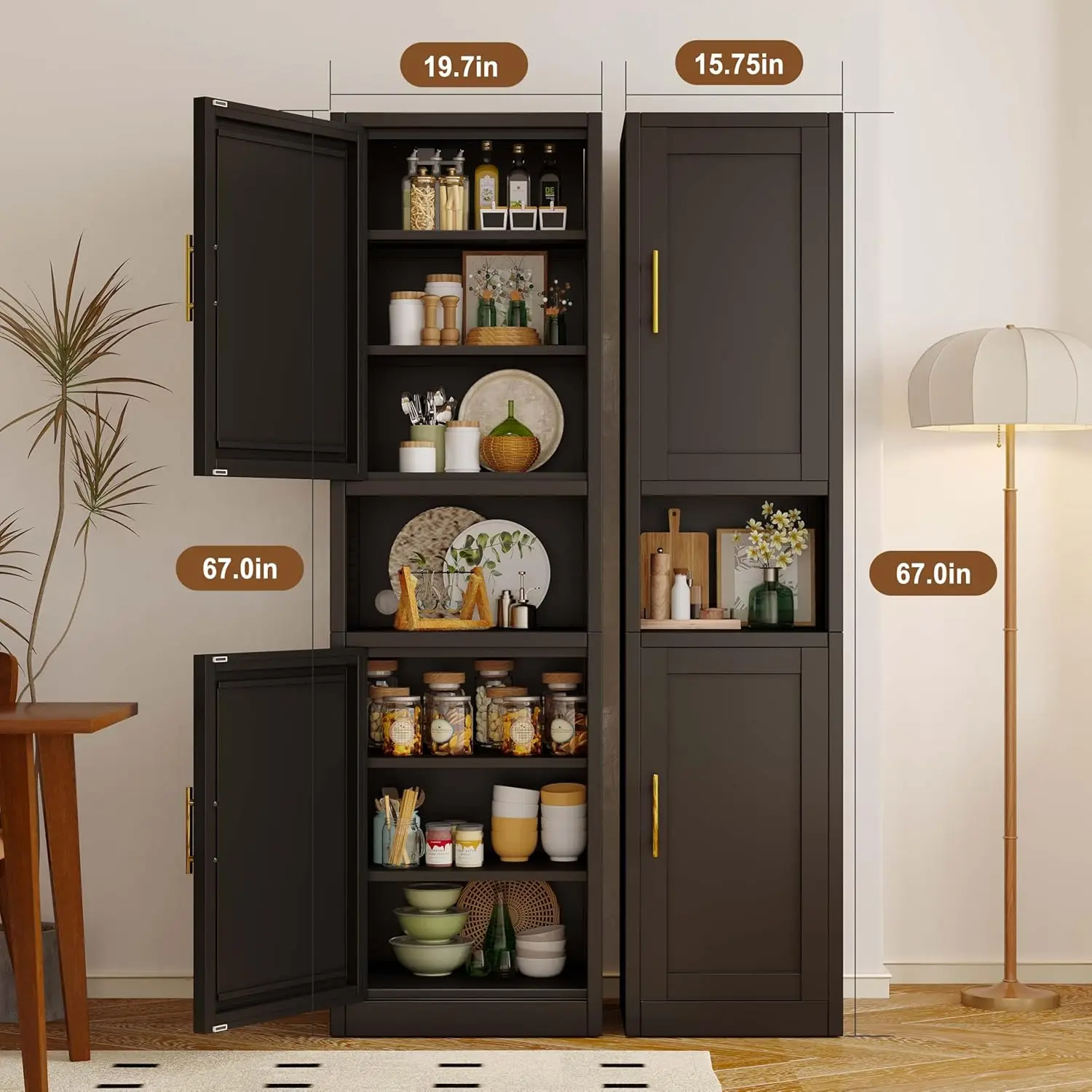 67' Tall Narrow Metal Bathroom Cabinet with 2 Doors & 4 Adjustable Shelves, Black Standing Pantry for Kitchen, Dining Room, Livi