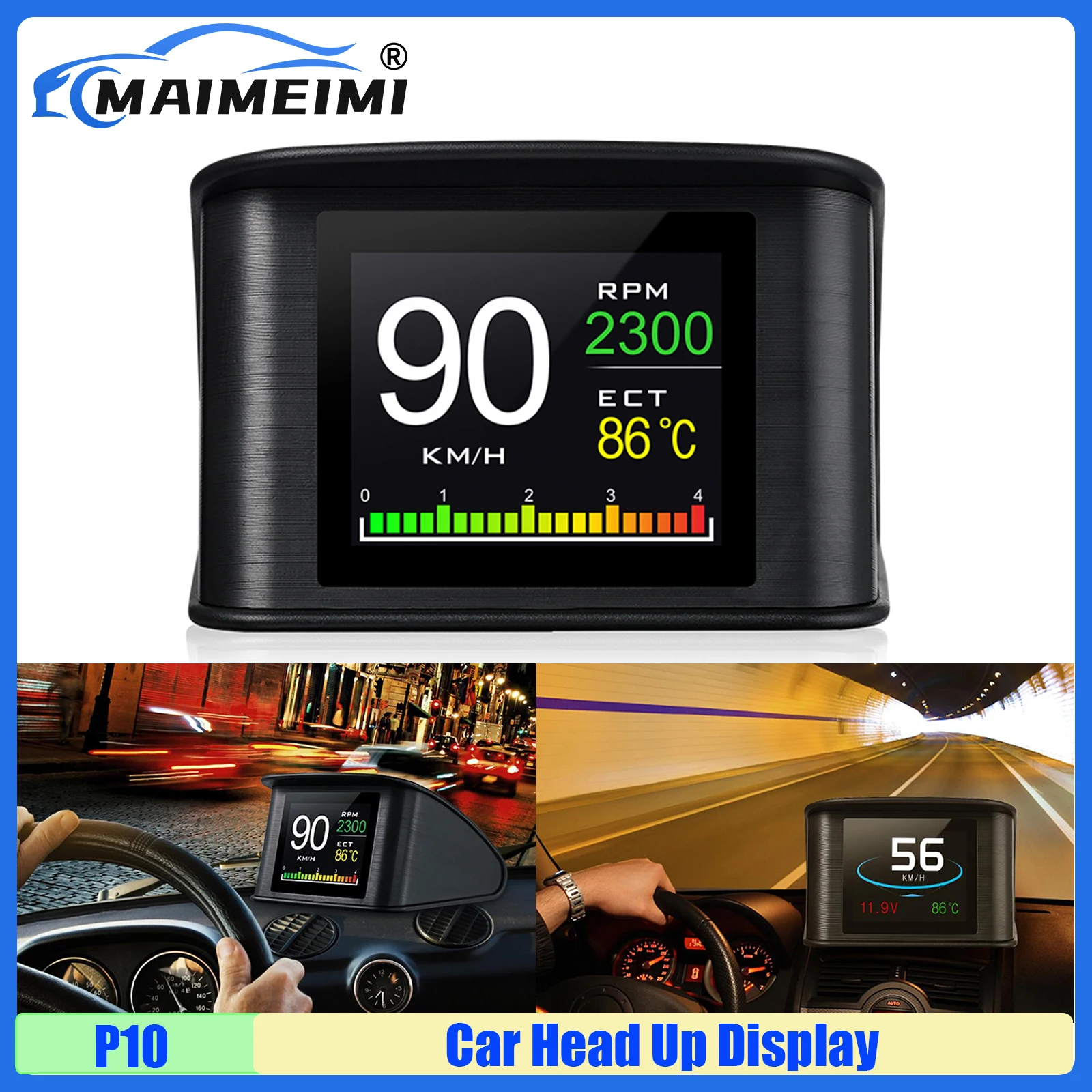 MAIMEIMI P10 Car HUD OBD2 Head Up Display On-Board Diagnostic Tachometer Speedometer Voltage ECT Time Cooltant Temperature