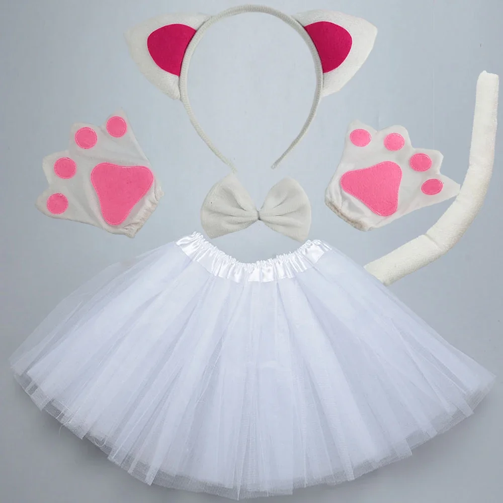 Disfraz de gato blanco y negro para niños y niñas, diadema con orejas, cola, falda con lazo, tutú para Halloween, conjunto de Cosplay de animales