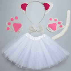 Kids Girls Children White Black Cat Costume Ears Headband Tails Bow Skirt Tutu for Halloween Animals Cosplay Set