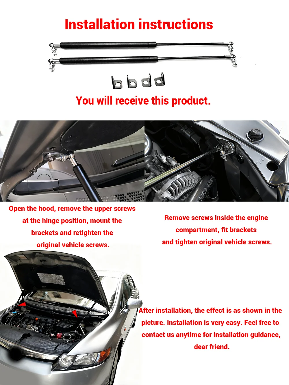 For Honda Civic 8th 2006-2011 Car-Styling Refit Bonnet Hood Gas Shock Lift Strut Bars Support Rod Accessories