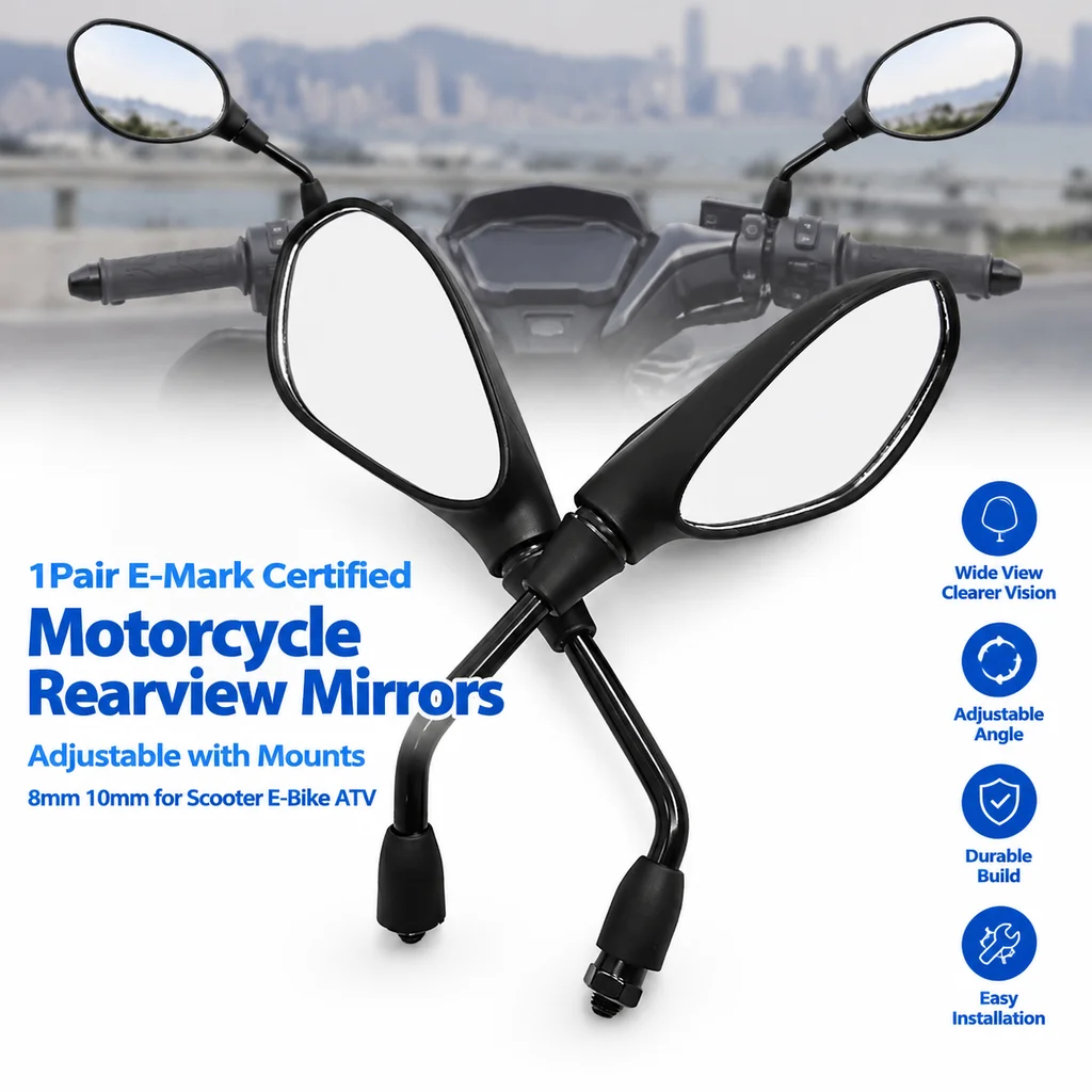 1Pair E-Mark Certified Motorcycle Rearview Side Mirrors Adjustable with Mounts 8mm 10mm for Scooter E-Bike ATV