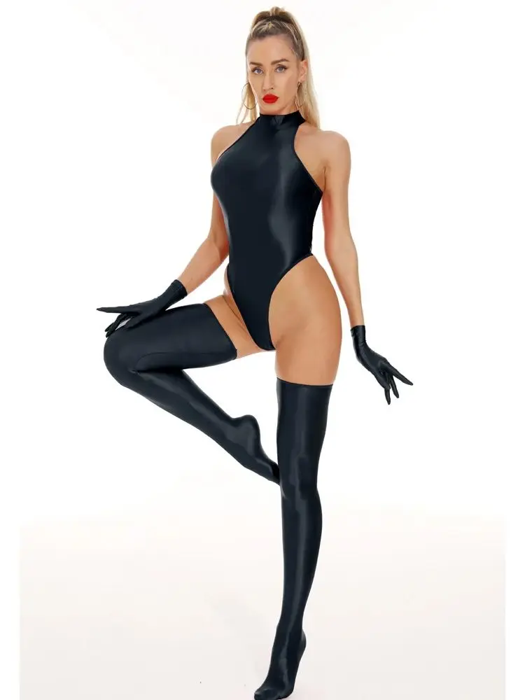 M XL Sleeveless Glossy Shiny Nylon Bodystocking Swimsuit High Cut Open Crotch Bodysuit Sukumizu Tight Sexy Body Teddies Clubwear