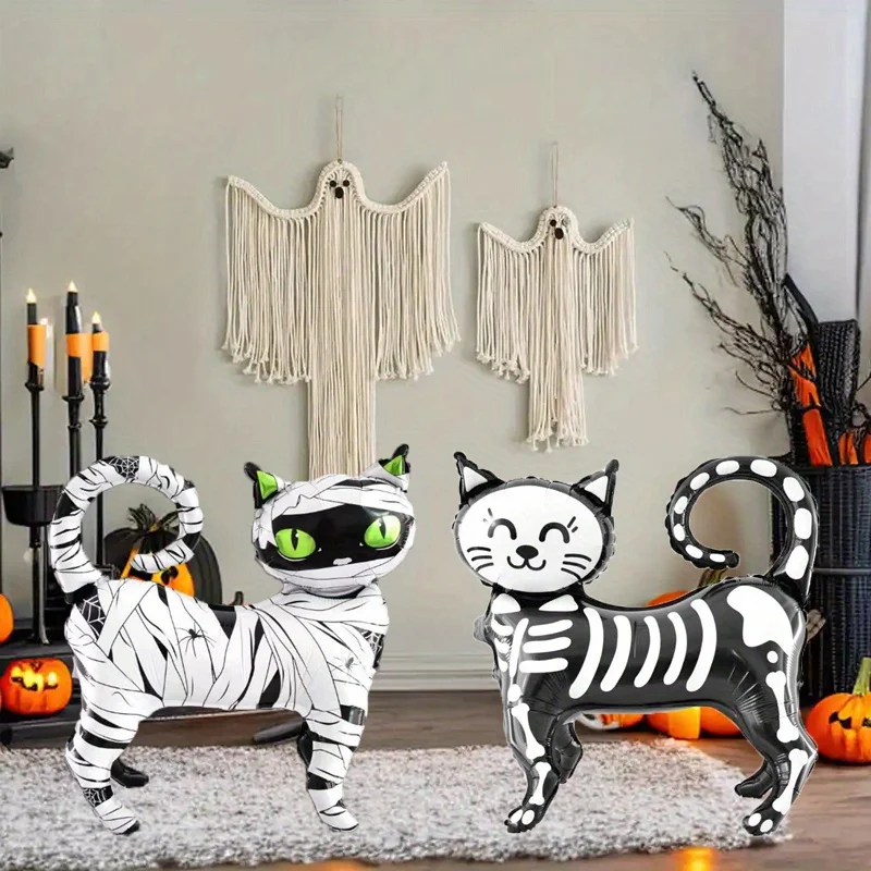 1 stücke Halloween Party Dekoration mit Schwarzer Katze Aluminium Folie Ballons Stehende Cartoon Skelett Katze Bindung Tuch Design Ballon