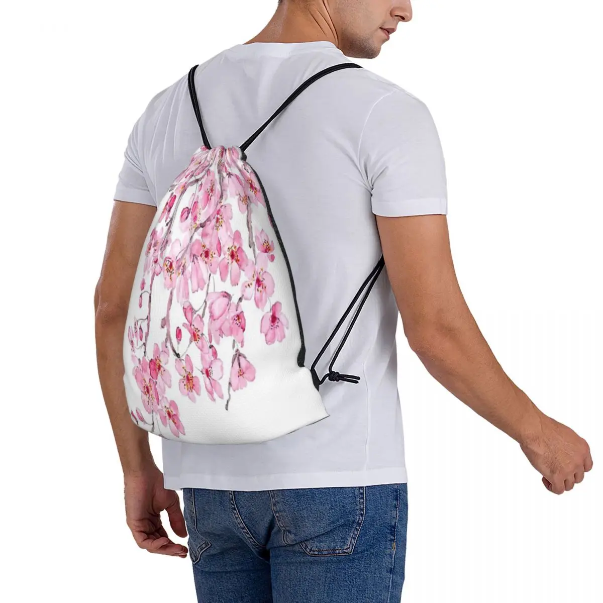 Rosa cereja flor aquarela Drawstring saco, verão tecido mochila, moda esportes, 2020