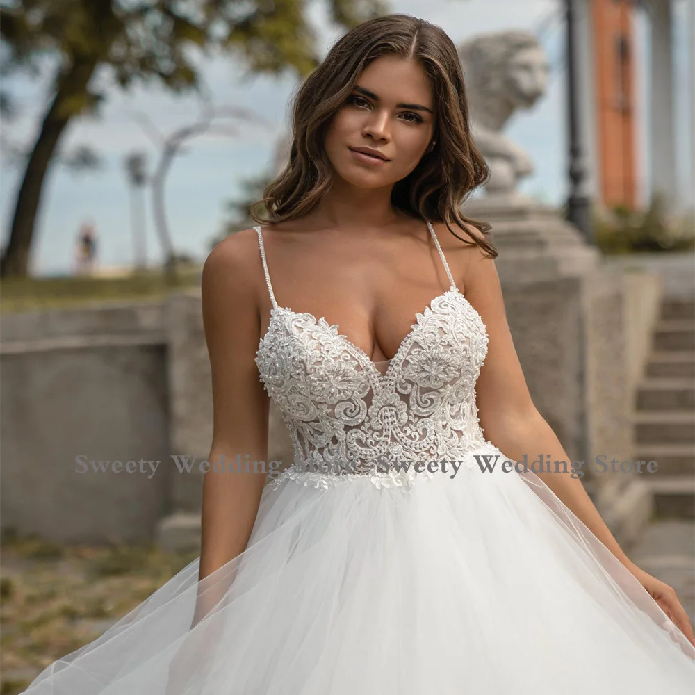 Robe de Mariée Sexy en Tulle avec Perles et Volants, Tenue de Bal avec Bretelles Spaghetti, pour Patients