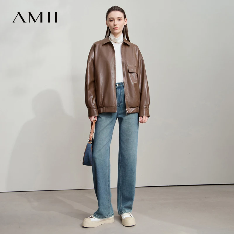 AMII Minimalist Blue Denim Pants For Women 2025 Autumn Fashion Lyocell Cotton High Waist Casual Jeans Women's Clothing 12523068