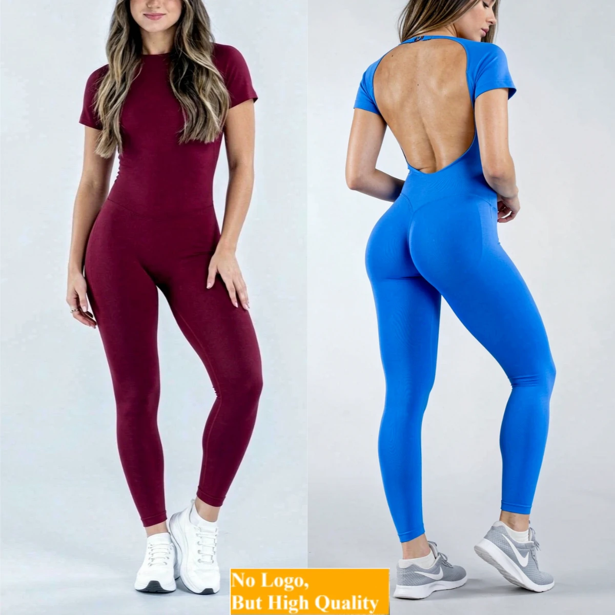 NO LOGO Women Workout Bodysuit Backless Slim Fit Elastic Tummy Control Yoga Gym Sports Short Sleeve Trousers One Piece Jumpsuit