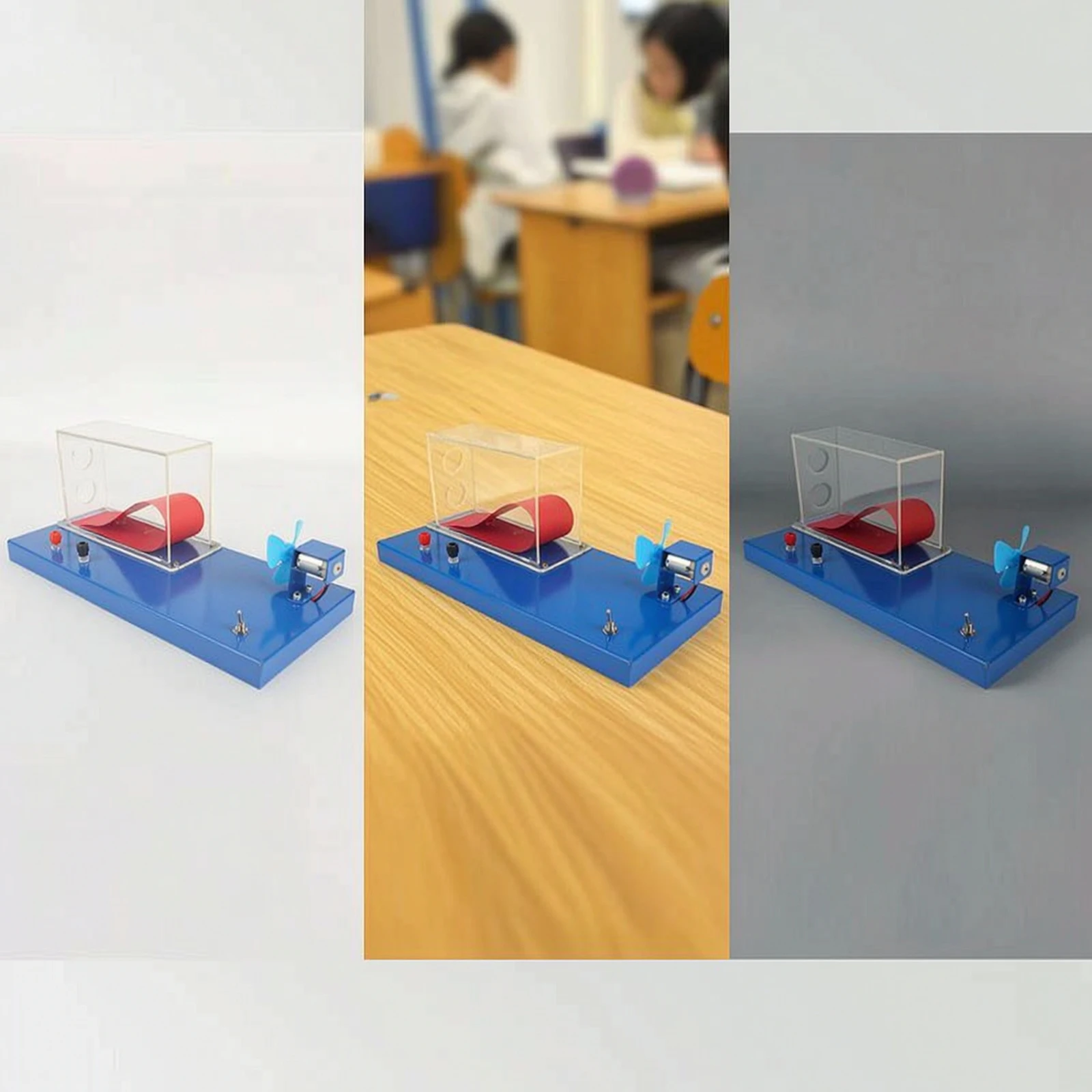 Démonstrateur interactif transparent du principe de levage d'aile d'avion par ventilateur, pour expériences en tunnel à vent