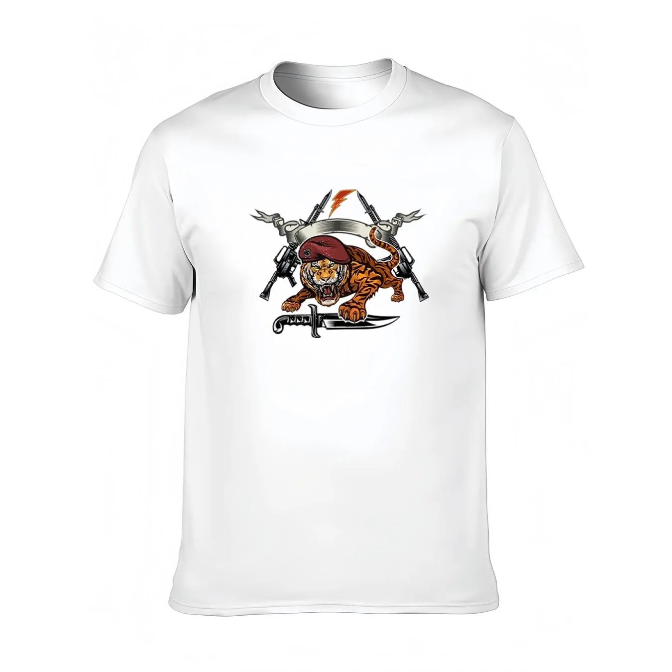 

Men's Premium Cotton Tee With Fierce Tiger And Weapons Print, Soft Crew Neck Shirt For Outdoor, Christmas Gift