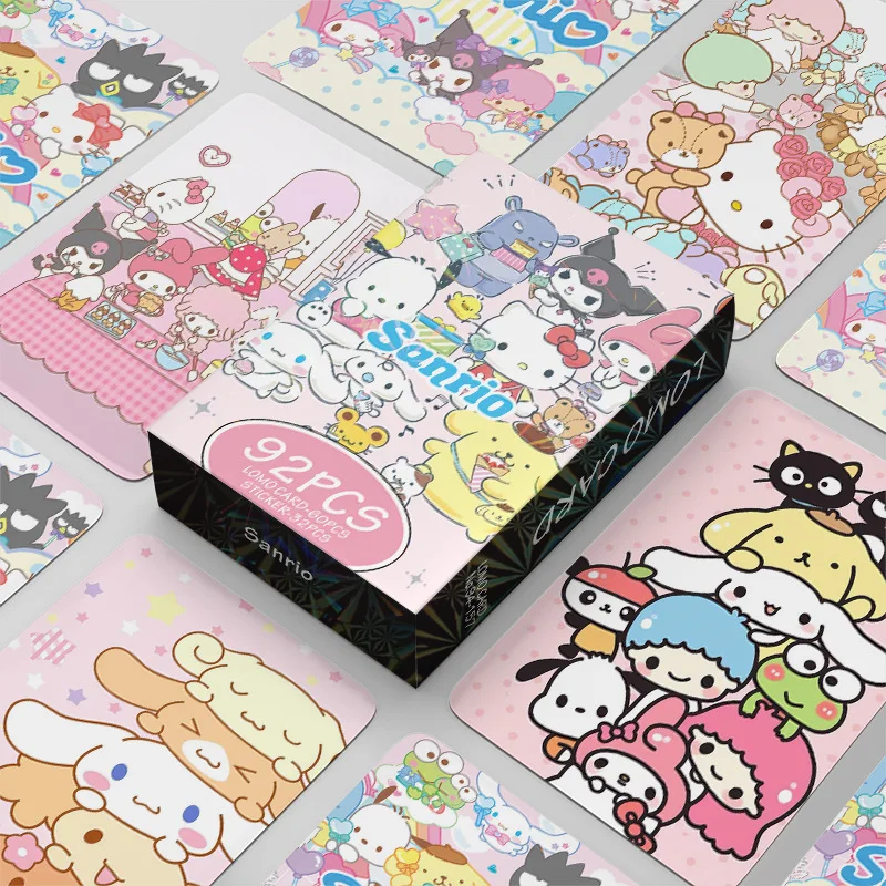 92Pcs/Set Sanrio Series Hello Kitty Lomo Cards Kawaii Bookmarks And Stickers Kuromi HD Printed Photocards Collection Gifts