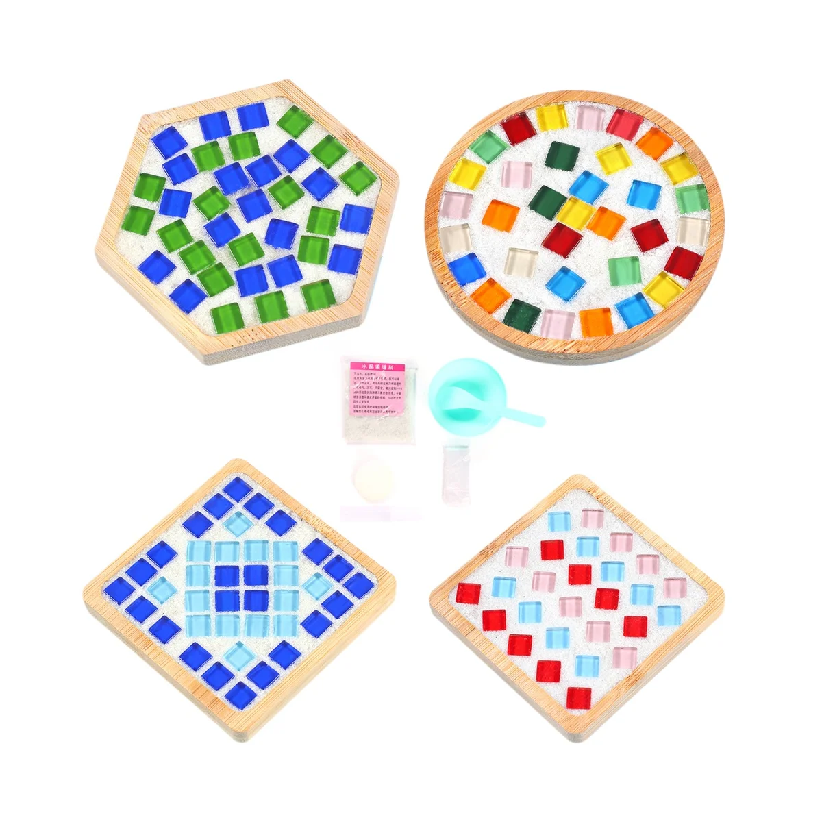 

4 Sets DIY Glass Mosaic Coaster Tiles for Crafts Mixed Color Mosaic Kits with Wooden Coaster for Adults Mosaic Crafts