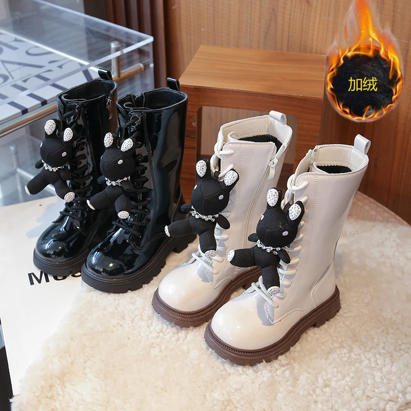 

2025 Autumn Girls Long Leather Boots Soft Soled Kids Fashion Princess Boots Bowknot Non-Slip Outdoor Children Boots Plush Winter