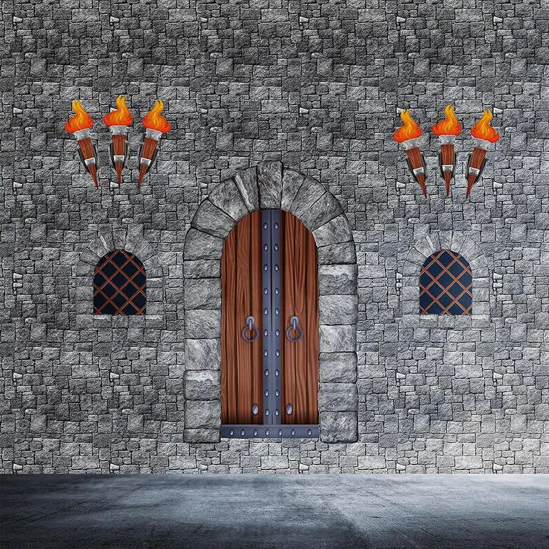 

Medieval Party Decor Castle Brick Stone Wall window Torch Backdrop Ancient Knight Keeper Kingdom Prison Halloween Background