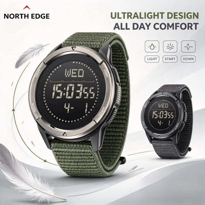 NORTH EDGE ALPS Men Carbon Fiber Digital Watch Ultralight Military Sports Wristwatch Compass Shock Resistant 50M Waterproof Outd