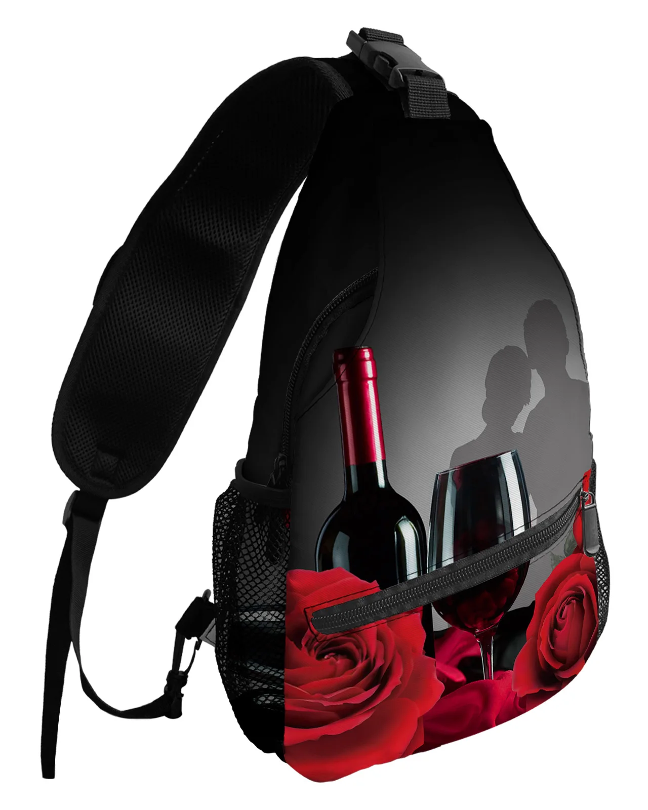 Valentine'S Day Rose Flower Red Wine Chest Bag for Men Women Casual Crossbody Bag Outdoor Travel Climb Waterproof Sling Bag