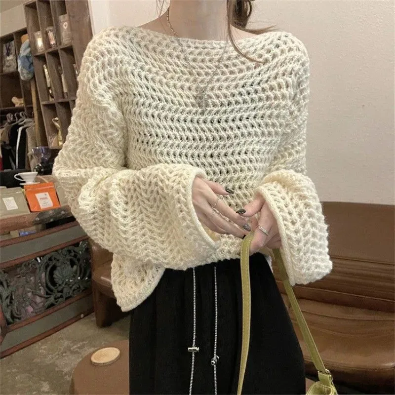 Sexy Hollow Out Knit Sweater Women Y2K Korean Loose Long Sleeve O Neck Pullovers Autumn Thick Warm Solid All Match Jumpers New