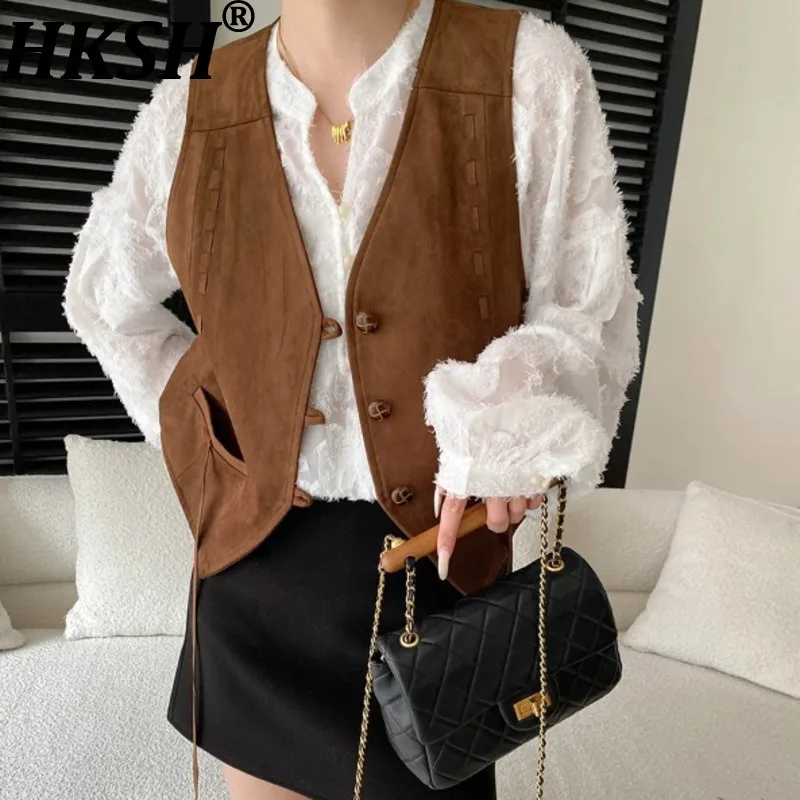 

HKSH весна осень новый женский жилет из искусственной замши с v-образным вырезом однобортная лента универсальная уличная одежда в стиле ретро элегантный тренд HK18166