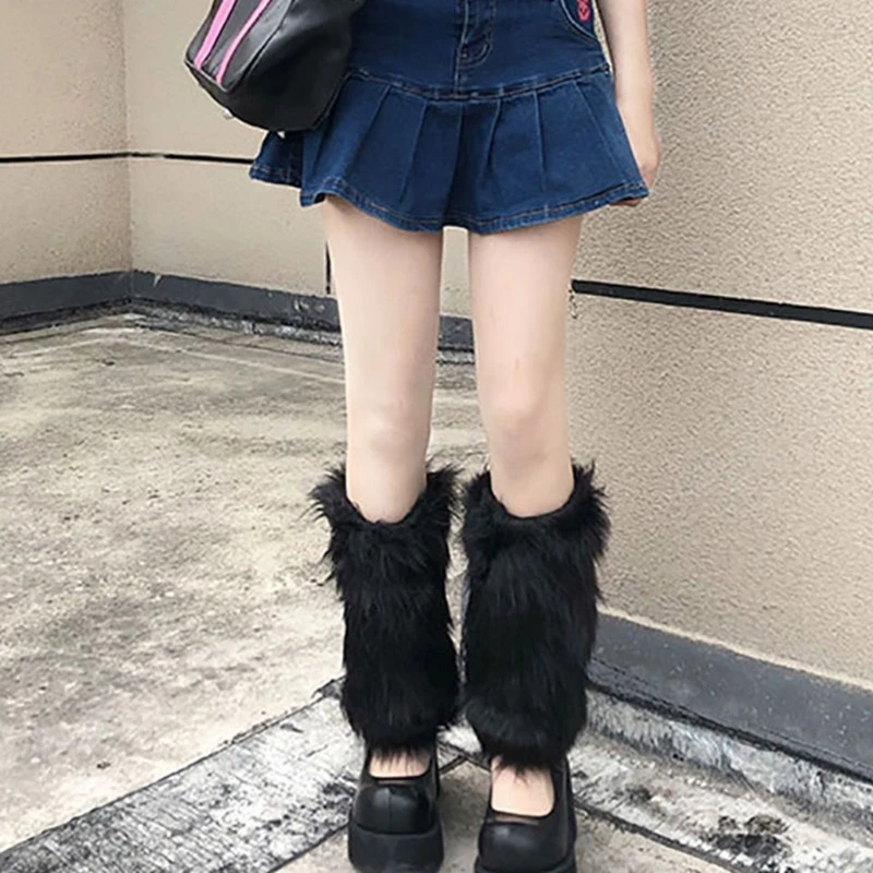 Harajuku Shoes Cuffs Leg Warmer Winter Warm Vintage Solid Color Fluffy Faux Fur Boots Cover Thick Calf Socks N16 22 Dropshipping