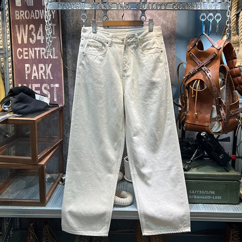 

Heavyweight Washed American Vintage Denim Jeans for Men - Basic Solid Color Relaxed Loose Straight Leg in Off-White Pants