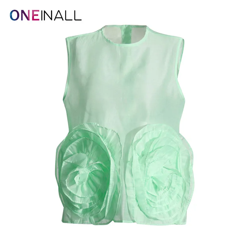 

ONEINALL Patchwork Appliques Camisole Vest For Women Round Neck Sleeveless Spliced Zipper Solid Tank Tops Female Summer Clothes