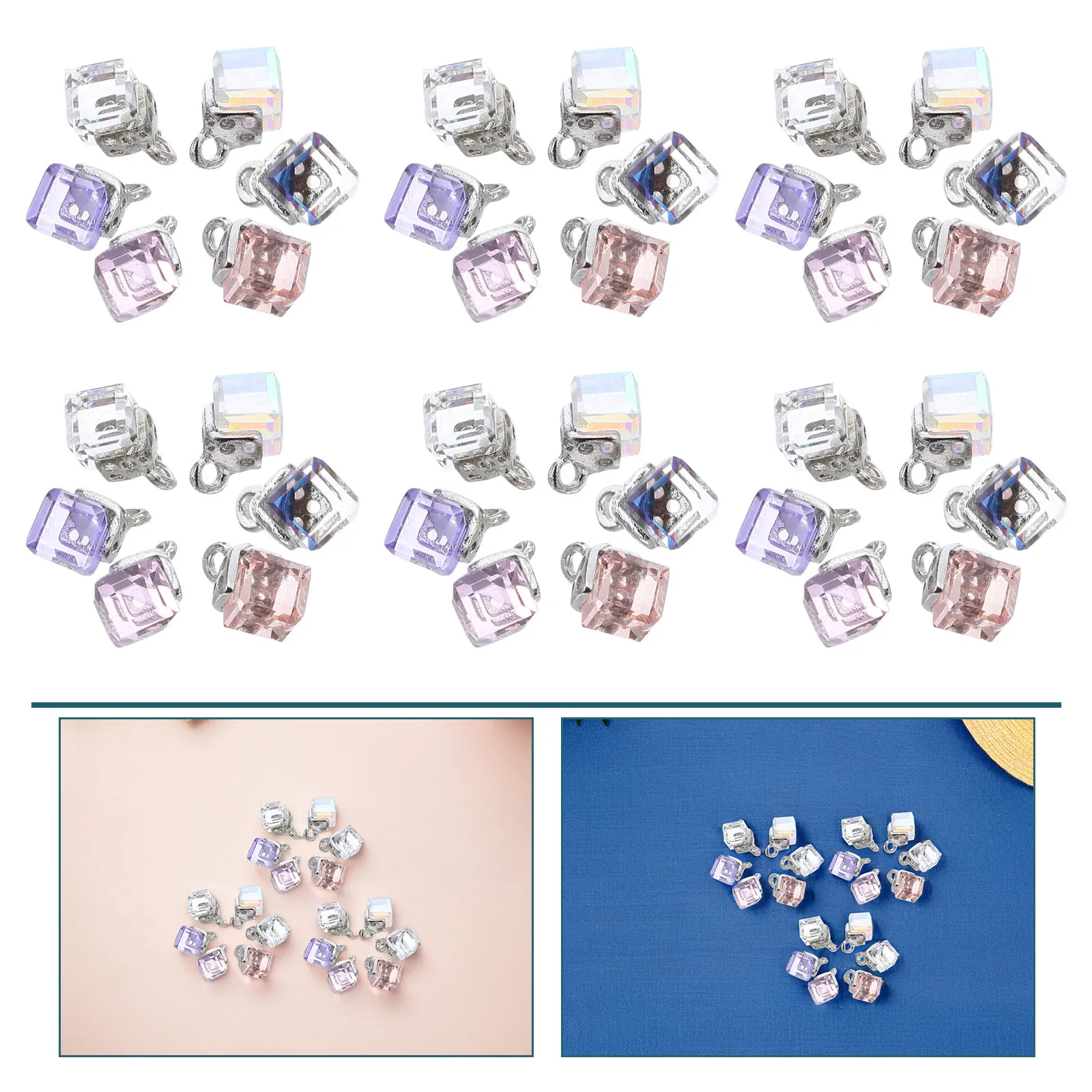 

60Pcs Crystal Pendant Charms Cube Beads DIY Jewelry Findings for Necklace Earrings Bracelet Making Accessories