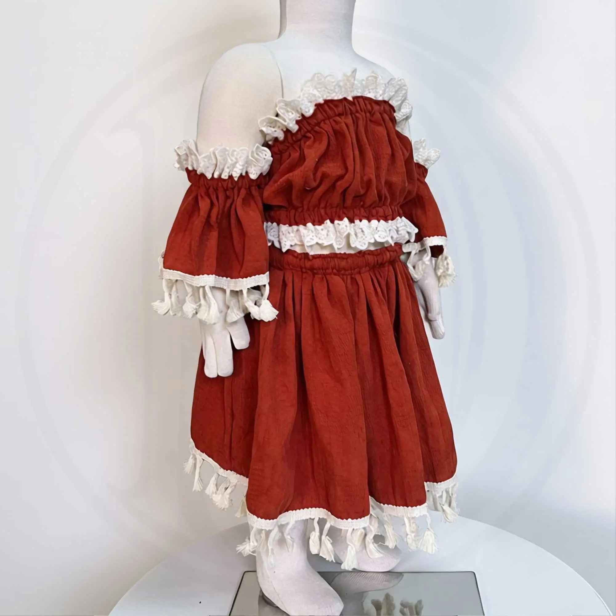 Don&Judy Boho-Stil-Kleid für Mädchen, zweiteiliges Set, Rock, Baumwolle, Spitzenbesatz, Stoff für Mädchen, 3–6 Jahre, Fotorock – Detail 3