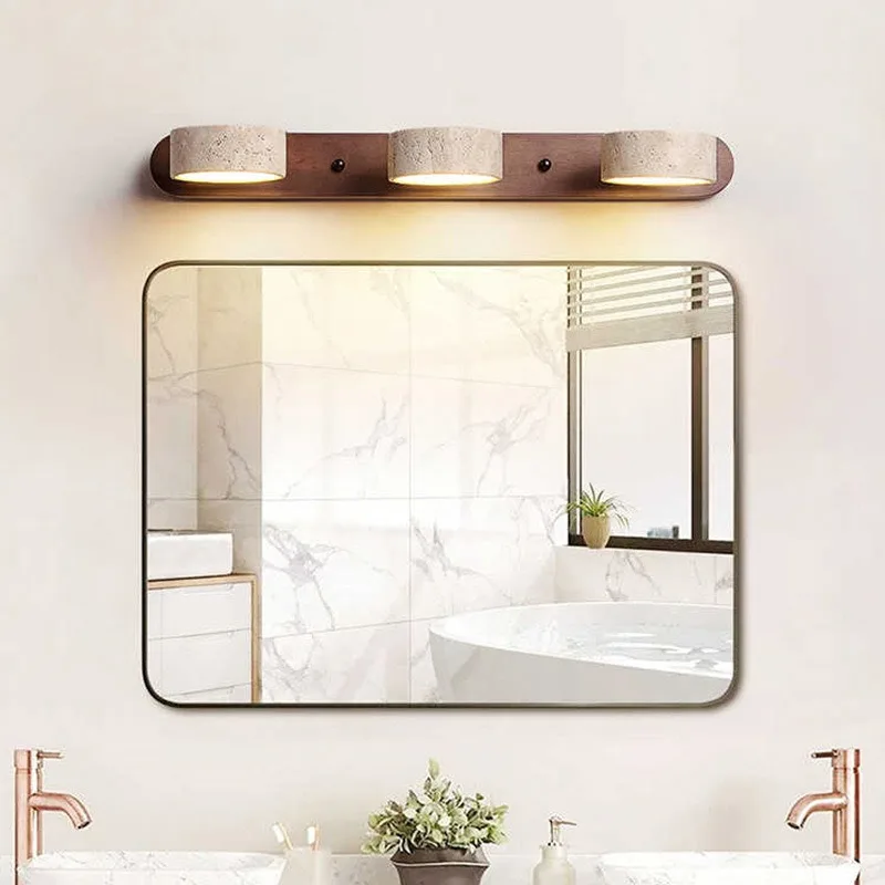 Retro Style Mirror Headlights Bathroom Wall Lights Vanity Minimalist Solid Wood Hallway Background Wall Yellow Onyx Sconces Lamp