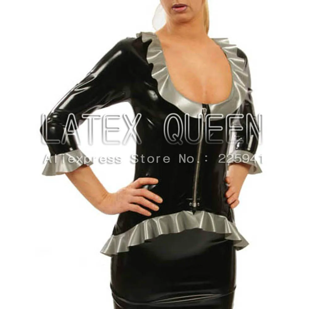 

latex catsuit w/ purfle latex blouse in black and sillver