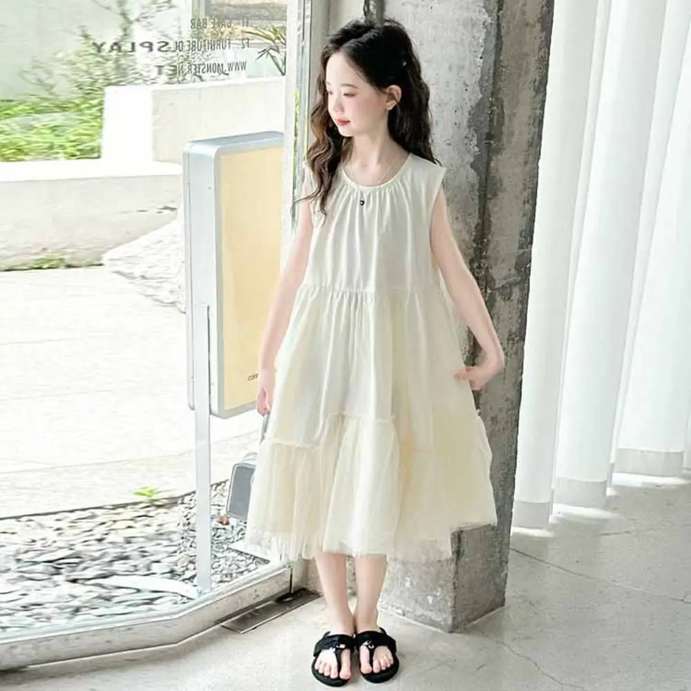 

Модное свободное платье без рукавов для девочек, плиссированное, летнее, для подростков, с кружевной сеткой, милое детское платье принцессы, праздничное