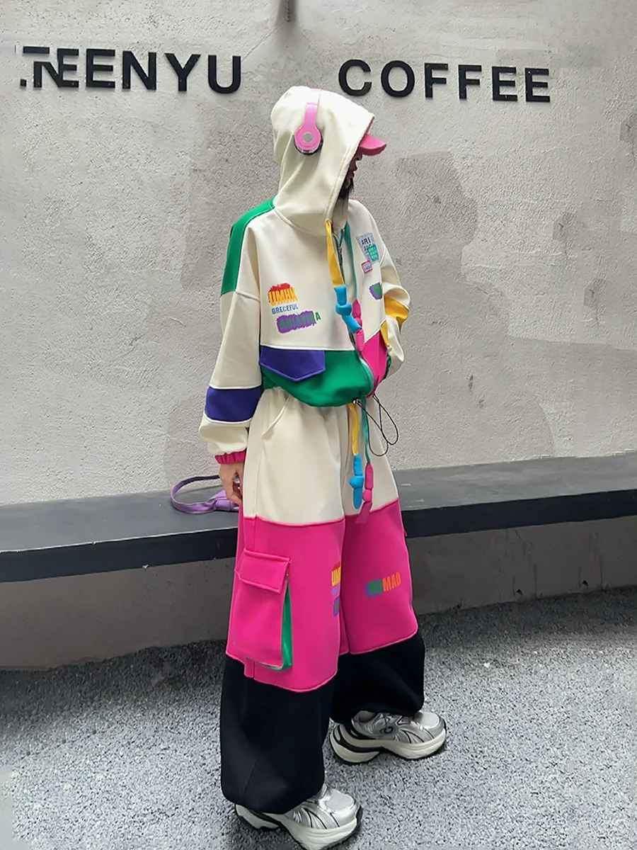 Multicolorido retalhos zíper hoodies 2 peça conjunto mulher roupas conjuntos de calças de grandes dimensões moda coreana jaqueta curta conjuntos de correspondência