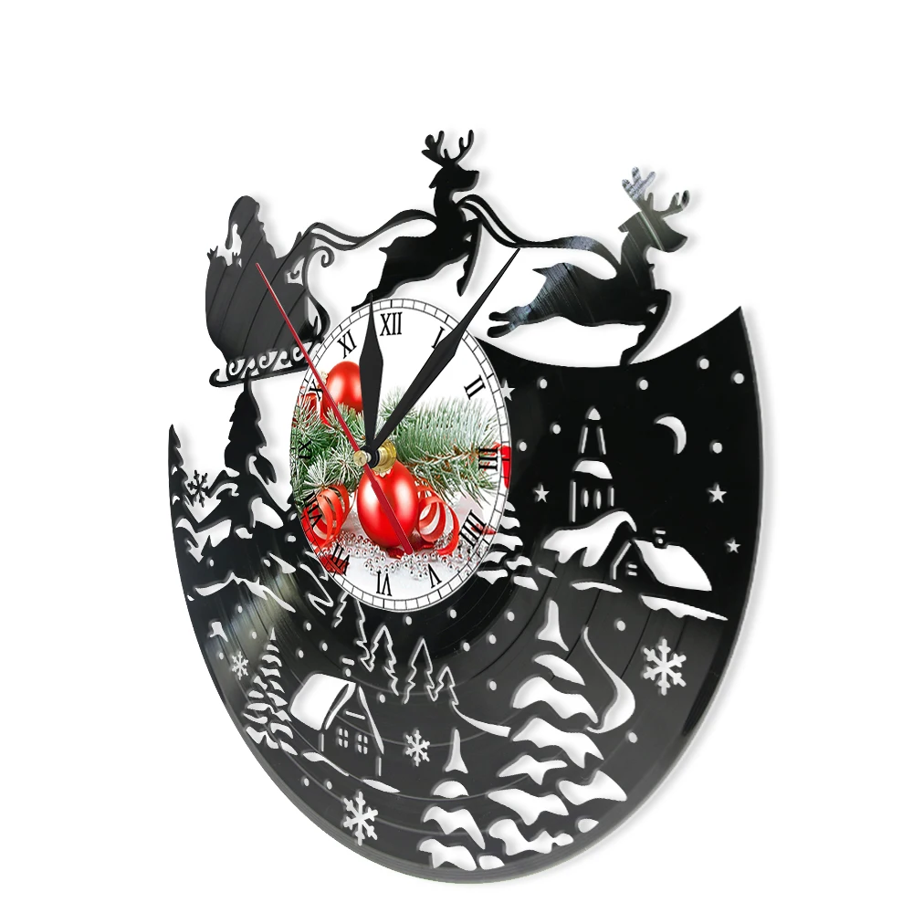 Santa Sleigh Ride Vinyl Record Wall Clock Flying Reindeer Christmas Home Decor Watch Santa Over Village Carved Music Album Clock