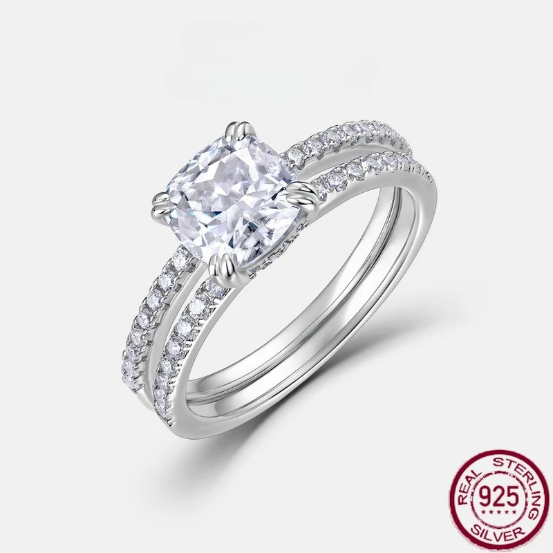

New S925 pure silver sparkling fat square moissanite light luxury proposal engagement couple diamond ring wedding jewelry