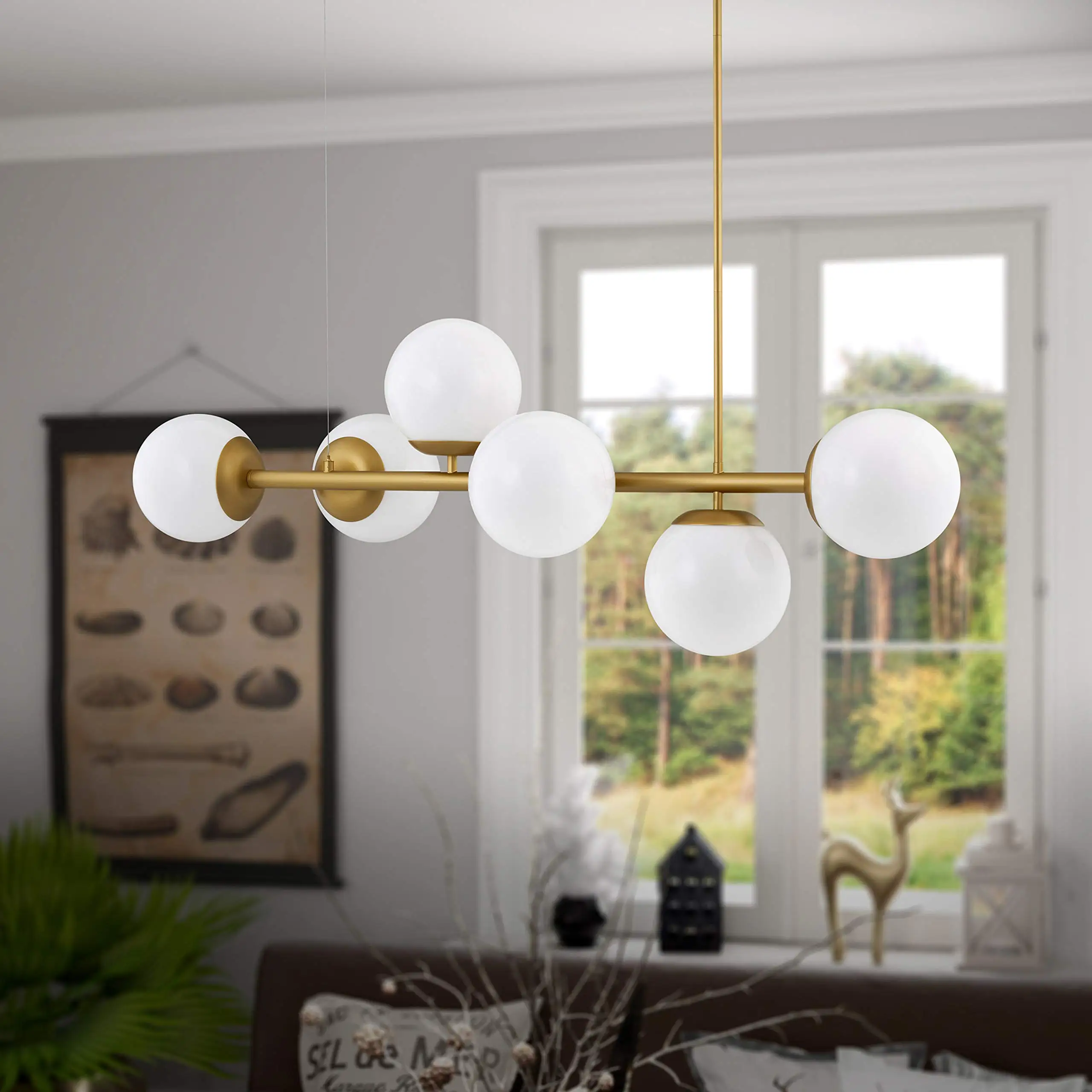 

Mid Century Modern Chandelier Island Light Milk Glass Globes Linear Chandeliers for Dining Room Living Room Kitchen