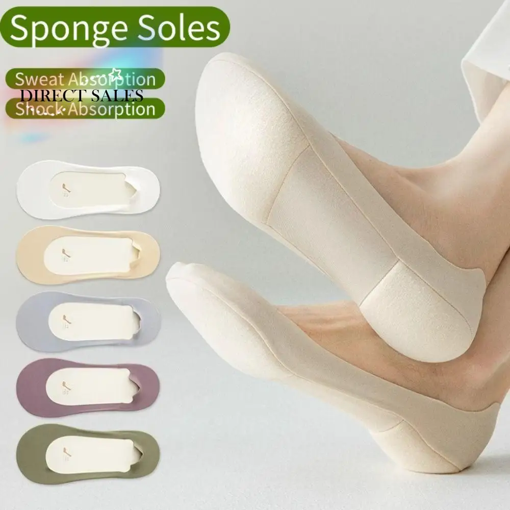 

3Pairs Solid Color Sponge Soles Boat Socks Ice Silk Anti Slip Invisible Socks Women Sweat Absorption Cotton Ankle Socks Women