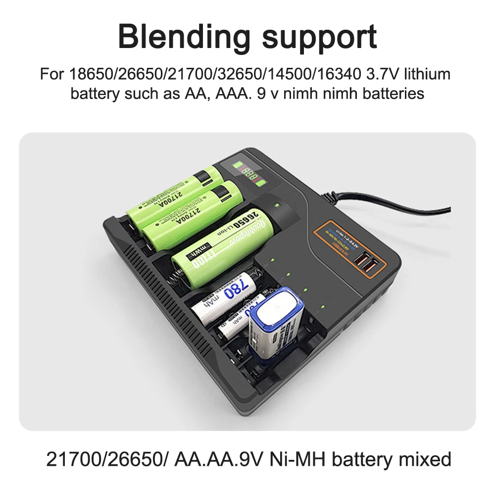 Battery Charger For 18650/26650/21700/32650/14500/16340/ 9V Ni-MH Cd AA AAA Battery Charger LCD Display 7 Charging Slot EU USUSB