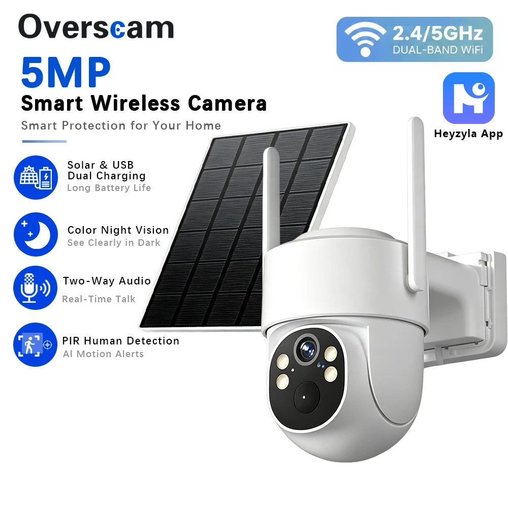 2K Outdoor Solar Safety PTZ Camera 5/2.4GHz WiFi Suitable For Home Built-in Battery Security Color Night Vision SD/Cloud Storage