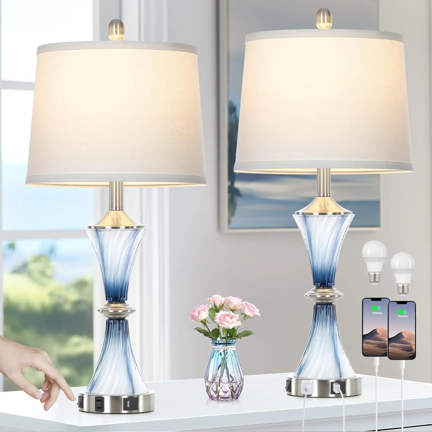 Blue Glass Table Lamp Set of 2 with USB C+A Ports & AC Outlet, Bedside Lamps for Night Stands, LED Bulbs Included