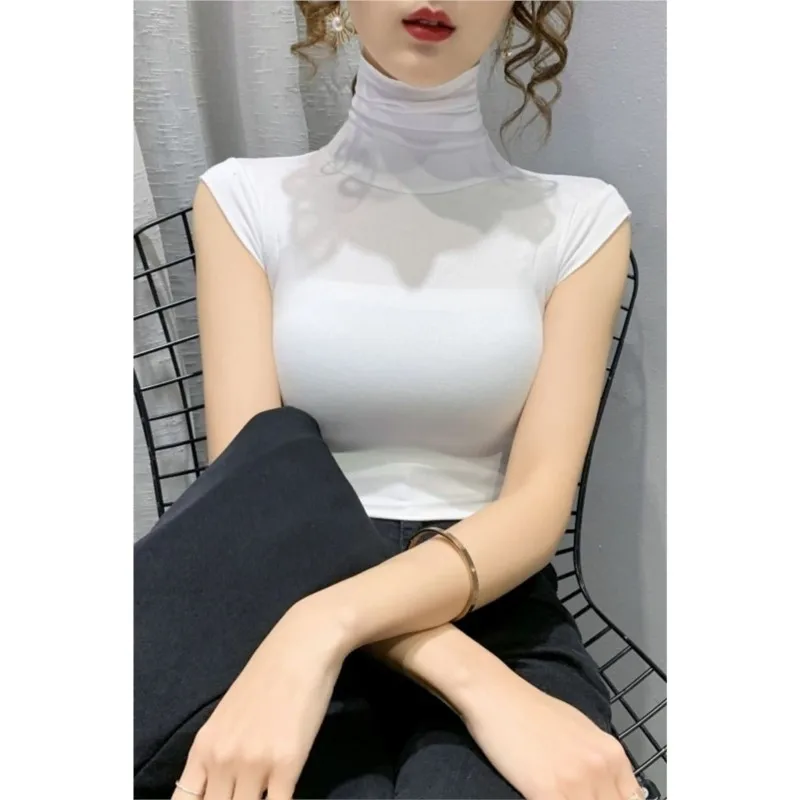 White T-shirt Women's Fashionable And Stylish Tight Sleeveless Top High-neck Base Layer Worn Inside