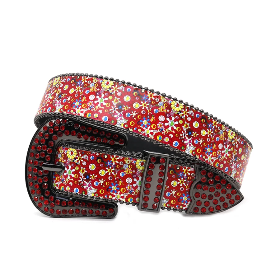 

Gothic Y2K Sunflower Rhinestone Belts Luxury Designer Brand Pu Leather Crystal Studded Western Cowboy Diamond Bling Belt