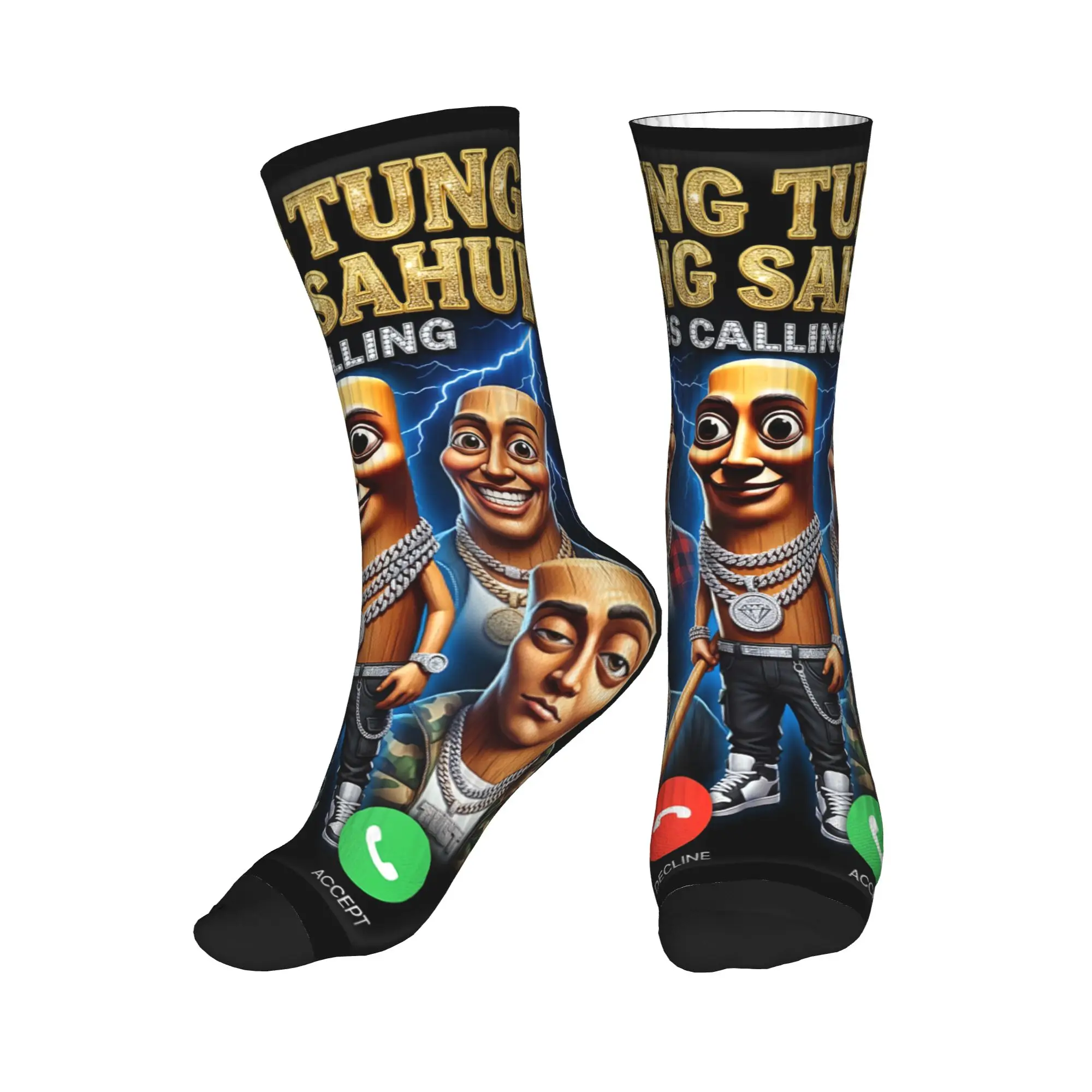 Tung Tung Tung Sahur is Calling Italian Brainrot Meme Stockings Graphic Funny Socks Winter Anti Skid Socks Men's Outdoor Socks